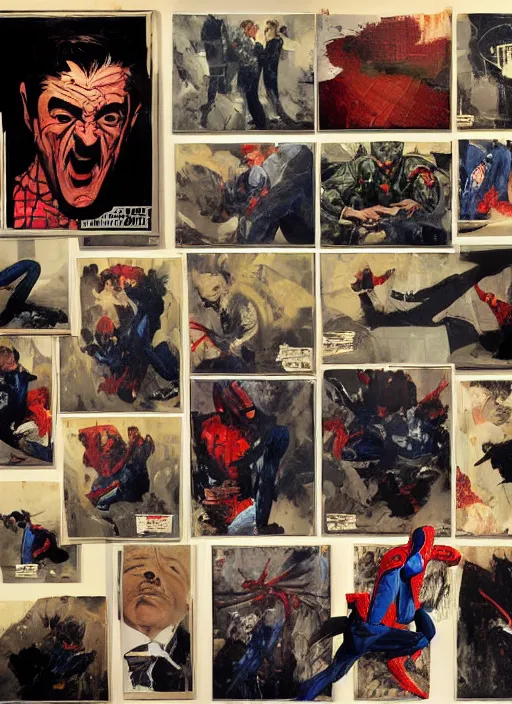 Image similar to j jonah jameson holding pictures of spider - man, angry, screaming, pictures flying, painting by phil hale, fransico goya,'action lines '!!!, graphic style, visible brushstrokes, motion blur, blurry, visible paint texture, crisp hd image