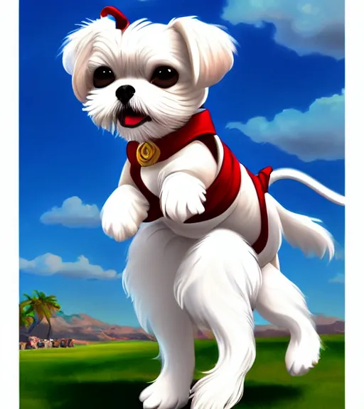 Image similar to small white maltese shihtzu mix dog riding merry - go - round smiling full color digital illustration in the style of don bluth, artgerm, artstation trending, 4 k