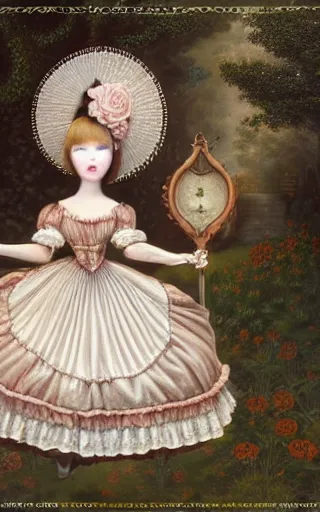 Prompt: A full-body portrait of a dollfie wearing victorian clothes and holding a lace parasol in an overgrown baroque palace courtyard, artwork by mark Ryden and Jasmine Becket-Griffith, 4k insane detail, pop surrealism