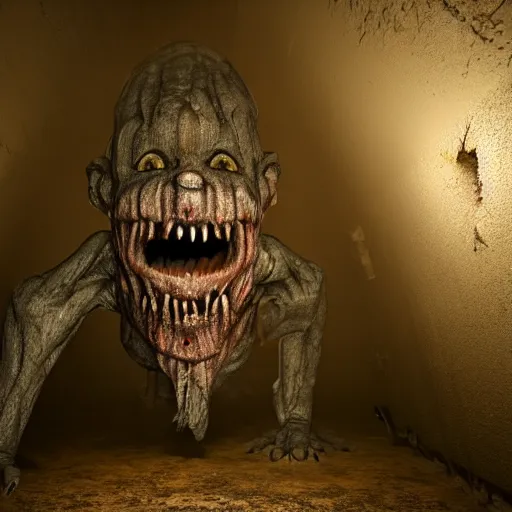 Image similar to creepy monster lurking in a dingy basement, 4 k, ultra realistic, highly detailed, epic lighting