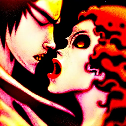 Image similar to closeup of vampire kiss, by yoichi hatakenaka, masamune shirow, josan gonzales and dan mumford, ayami kojima, takato yamamoto, karol bak