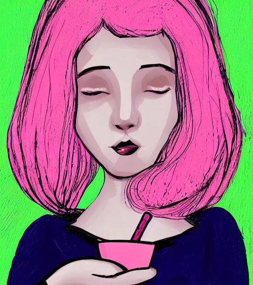 Prompt: A girl with pink hair holding a vase, digital art