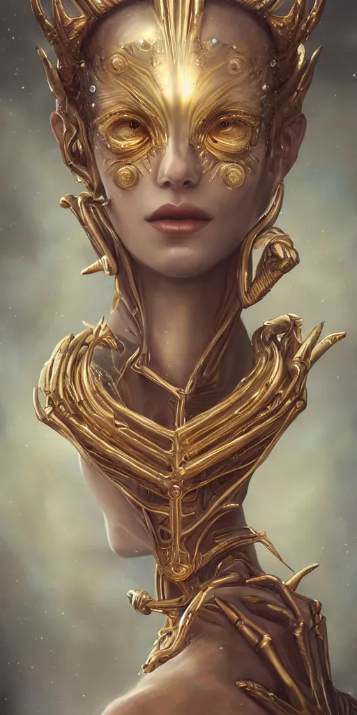 Prompt: realistic character concept, alien queen with lots of jewelry in the face, elegant pose, scifi, illustration, slender symmetrical face and body, artstation, cinematic lighting, hyperdetailed, cgsociety, 8 k, high resolution, charlie bowater, tom bagshaw, single face, insanely detailed and intricate, beautiful, elegant, golden ratio, dark fractal background, vfx, postprocessing