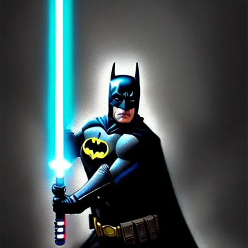 Image similar to batman holding a lightsaber, highly detailed, extremely realistic, dark, digital painting, concept art, intricate, elegant, art by greg rutkowski