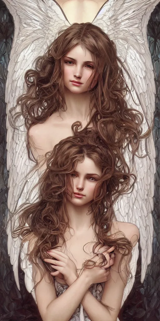 Image similar to a photograpic portrait of a pretty woman, angel, fantasy, intricate, elegant, highly detailed, digital painting, artstation, centered, concept art, smooth, sharp focus, illustration, art by artgerm and h r giger and alphonse mucha