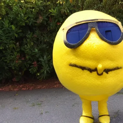 Image similar to a lemon dressed up as john lennon