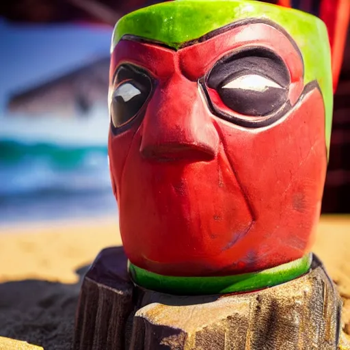 Image similar to a closeup photorealistic photograph of a deadpool style tiki mug sitting at a trader vic's beach bar featuring the face of deadpool. tiki party. bright scene. fine detail. this 4 k hd image is trending on artstation, featured on behance, well - rendered, extra crisp, features intricate detail, epic composition and the style of unreal engine.