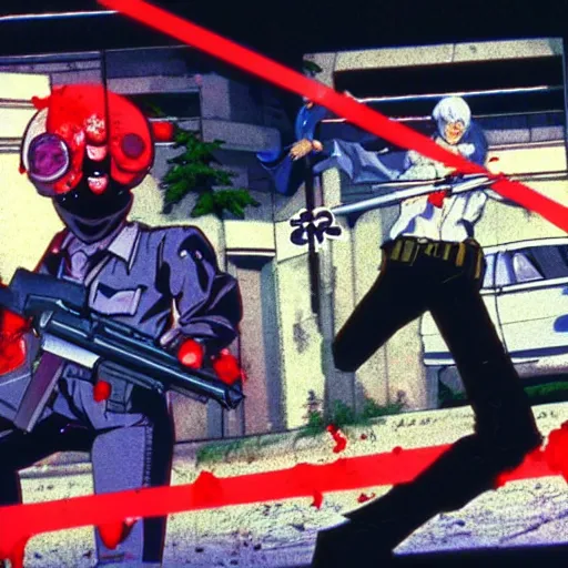 Image similar to 1991 Video Game Screenshot, Anime Neo-tokyo Cyborg bank robbers vs police shootout, bags of money, Police Shot, Bullet Holes and Blood Splatter, Anime VFX, Violent, Action, MP5S, FLCL, Highly Detailed, 8k :4 by Katsuhiro Otomo + Studio Gainax + Arc System Works : 8