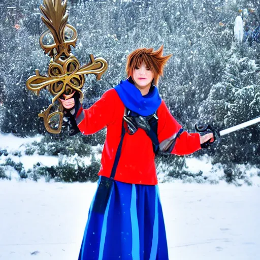 Prompt: of sora cosplay holding keyblade with snow background 35mm