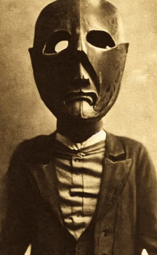 Image similar to a portrait photograph of a victorian wearing a scary vintage halloween mask, creepy, atmospheric, cinematic lighting, epic scene, 1 9 2 0 color photograph