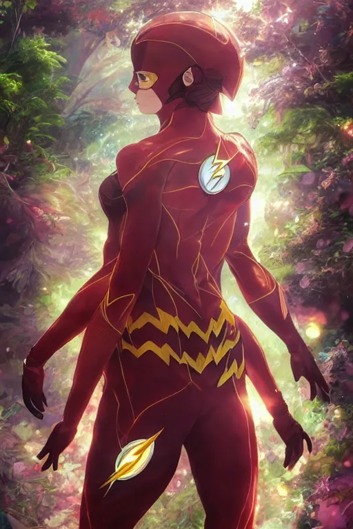 Image similar to anime key visual of a beautiful young female the flash!! intricate, magical forest, stunning, highly detailed, digital painting, artstation, smooth, hard focus, illustration, art by artgerm and greg rutkowski and alphonse mucha