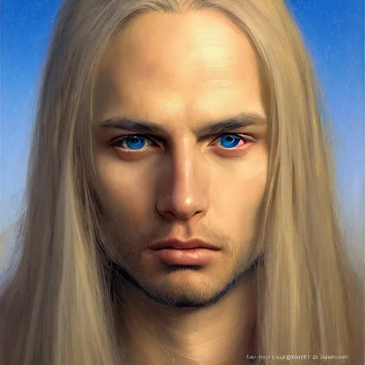 Prompt: 2 7 year old male with blue eyes and long straight blonde hair no beard as a fantasy d & d character, closeup portrait art by donato giancola and greg rutkowski, face, digital art, trending on artstation, symmetry!!