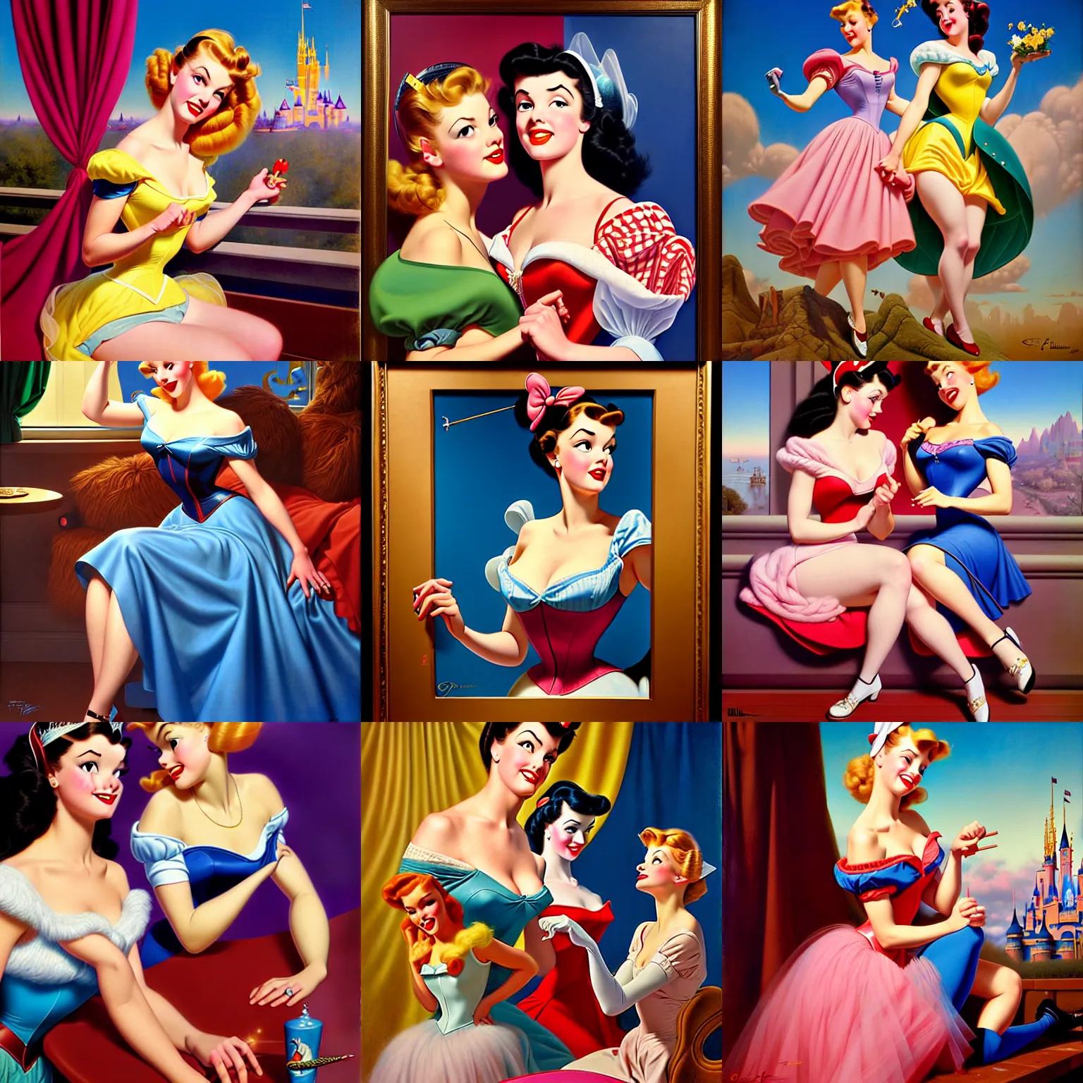 Prompt: disney princess friends by gil elvgren and olivia de berardinis and fritz willis, hyperrealism, highly detailed, cyberpunk
