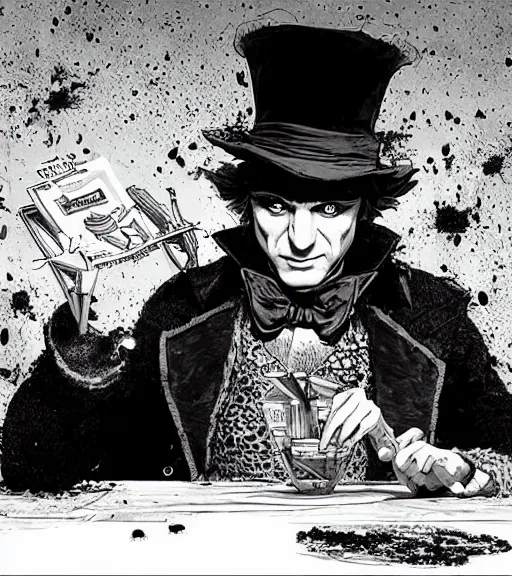 Image similar to beautiful willie wonka cooking meth black and white drawing, in the style of greg rutkowski, fantasy, amazing detail, epic, intricate, elegant, smooth, sharp focus