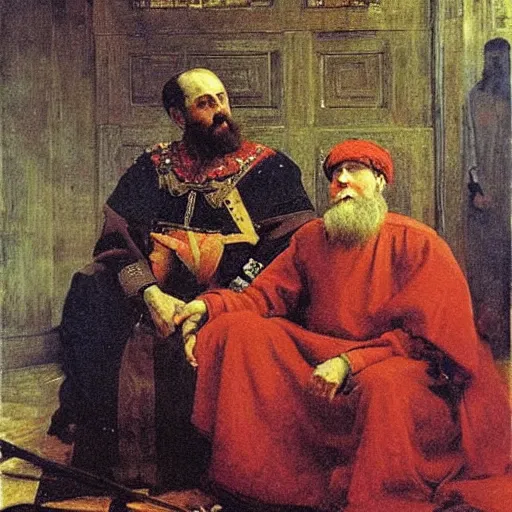 Image similar to ivan the terrible and his son ivan, painting by ilya repin, extremely detailed, oil on canvas