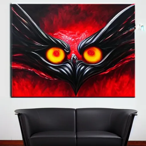 Image similar to abstract oil painting black demon red eyes red mouth, wings,, 8 k, high quality, highly realistic photo realistic