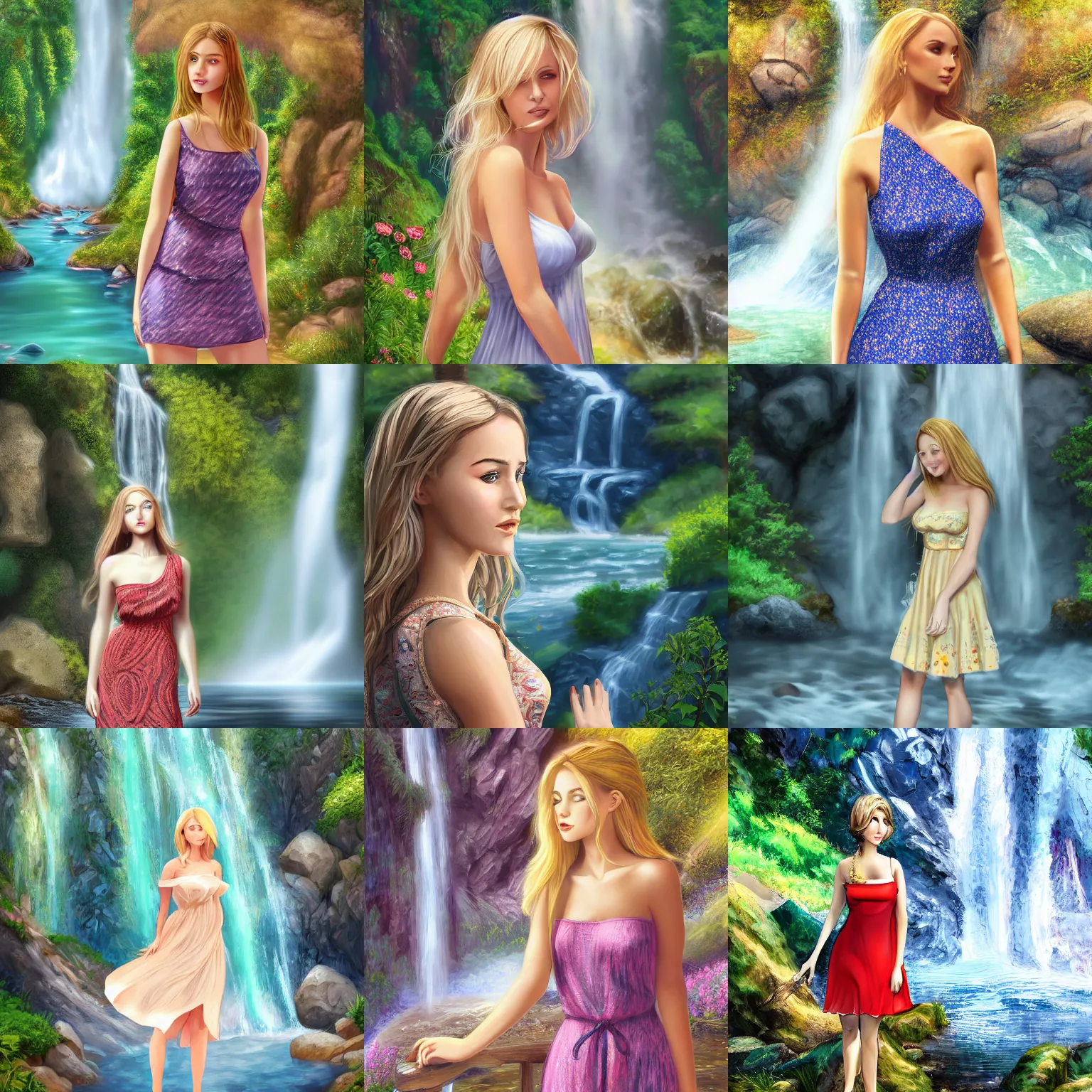 Prompt: beautiful woman in her late 20s wearing a summer dress, light blonde shoulder-length hair, standing near a waterfall, 4k digital art, digital painting, highly detailed and intricate