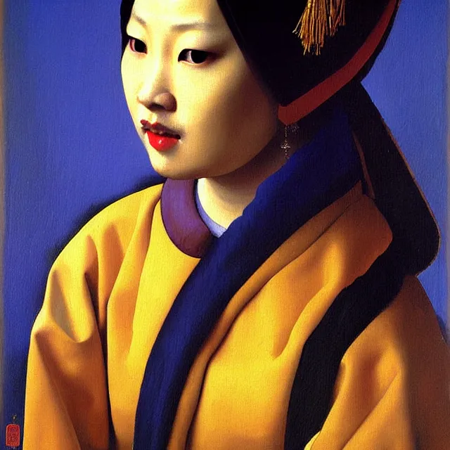 Prompt: a beautiful painting asian woman, by jan vermeer realistic oil painting