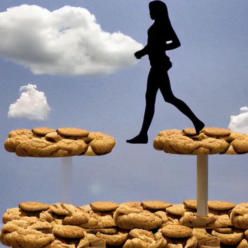 Image similar to a girl walking up an infinity staircase made of cookies in the clouds, digital art