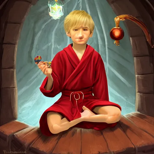 Prompt: Portrait of a 12 year old white boy with blond medium length hair, sitting cross-legged, wearing red sorcerer's robes, holding an illuminated crystal ball in his hands and gazing into it, inside of a cabin, Dungeon's & Dragons, digital illustration, deviantart, matte fantasy painting, by Jason Felix by Steve Argyle by Tyler Jacobson by Peter Mohrbacher