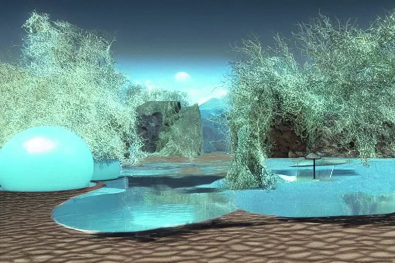 Image similar to desert oasis in a translucent aqua casing electronic environment, ps 3 screenshot, still from a kiyoshi kurosawa movie