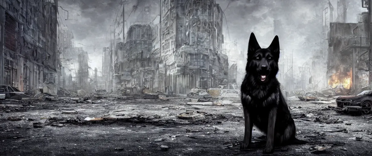 Image similar to A beautiful hyperrealistic ultradetailed matte painting of a scruffy black German Shepherd standing in the middle of city street at night in an abandoned post-apocalyptic city, abaonded cars on fire, crumbling buildings, unreal engine, deviant art, flickr, artstation, octane render, textured, colorful, hyperrealistic, physically based rendering, pbr render, very detailed, volumetric lighting, octane render, 4k, cinematic, 8k resolution,