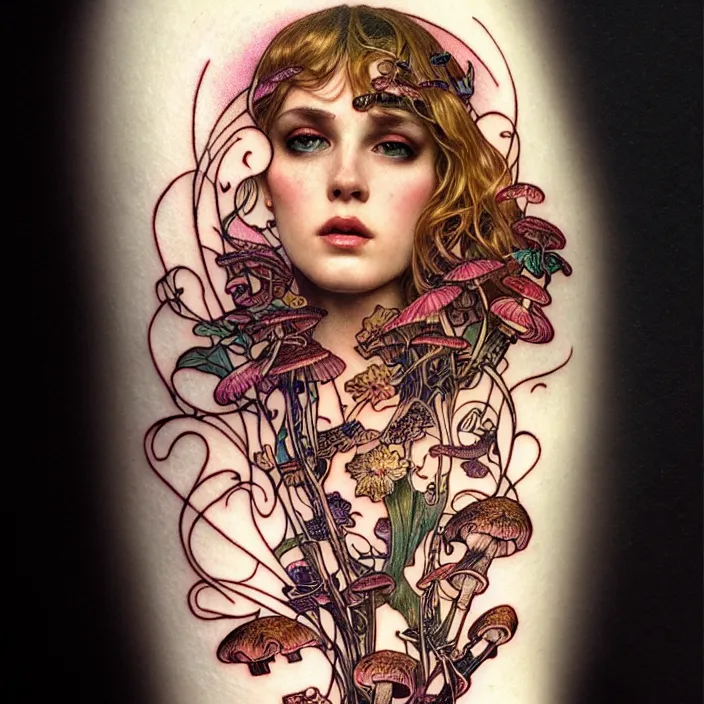 Image similar to psychedelic mushroom tattoo, diffuse lighting, fantasy, intricate, elegant, highly detailed, lifelike, photorealistic, digital painting, artstation, illustration, concept art, smooth, sharp focus, art by John Collier and Albert Aublet and Krenz Cushart and Artem Demura and Alphonse Mucha