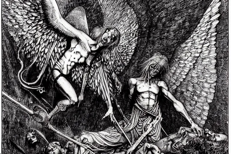 Image similar to 3 5 mm photo of a fallen angel begs to enter the gates of hell by philippe druillet and gustave dore and les edwards and much a and moebius and hieronymus bosch