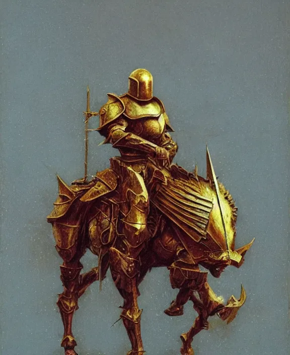 Image similar to royal knight in golden sun ornament armor, dismounted, beksinski, trending on artstation