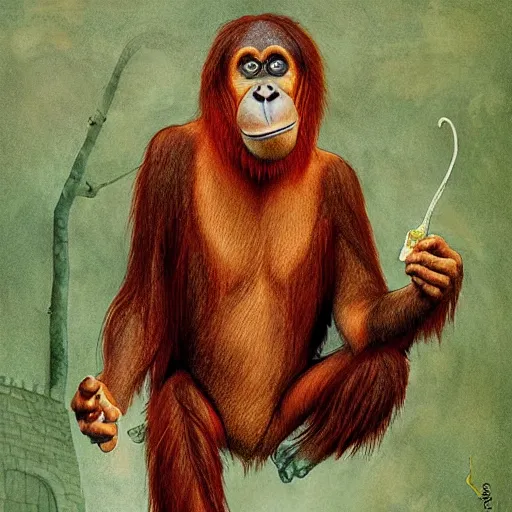 Image similar to Orangutan as a grumpy Libarian in Hogwarts, School of Witchcraft and Wizardry, detailed, hyperrealistic, colorful, cinematic lighting, digital art, illustration from a Harry Potter book by Paul Kidby and Jim Kay