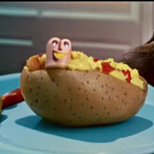 Image similar to 1980s McDonalds TV ad still for a baby seal disguised as a loaded baked potato with Danny DeVito