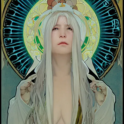 Image similar to portrait of small, rubbery, huge-eyed, big-lipped albino mutant priestess with elaborate white hair by Alphonse Mucha, Greg Rutkowski, Anato Finnstark, and Studio Ghibli