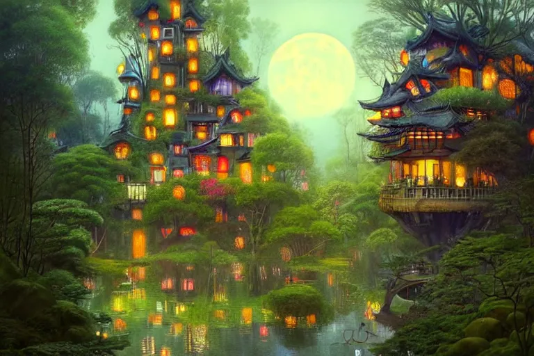 Prompt: huge simple mansion from hundertwasser and gaudi in a deep mystical forest with a cute japanese garden around it, exagerate perspective, mushrooms and dense exotic vegetation, floating lampoons, tall people walking and discussing, dynamic lighting, art by peter mohrbacher on artstation, fantasy art, night sky with moon