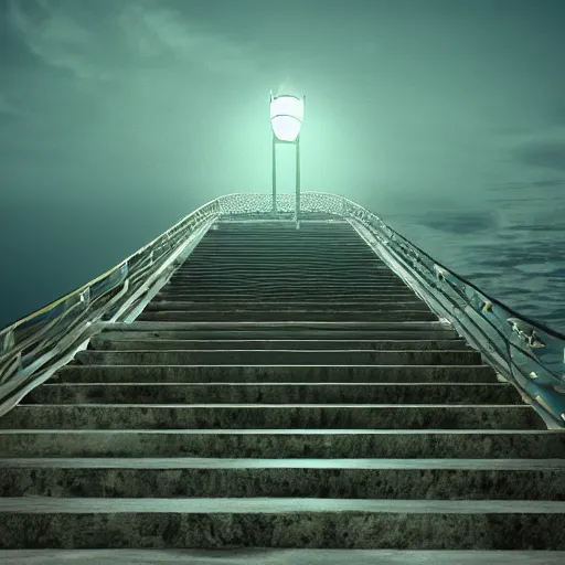 Prompt: stairs leading into the ocean at night, lit up by a single lamp post, dynamic lighting, photorealistic concept art, trending on art station, stunning visuals, creative, cinematic, ultra detailed