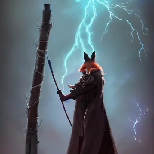 Prompt: the fox magician with a black robe blast a thunder spell with his staff, thunder ray, artstation