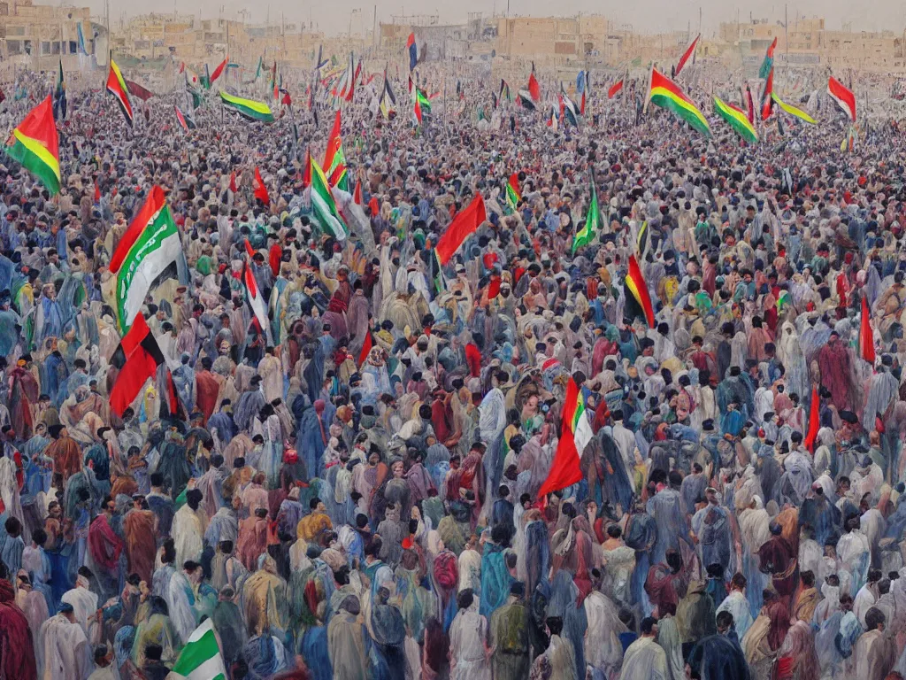 Prompt: very very very beautiful painting of protesters in Baghdad, 4k detailed