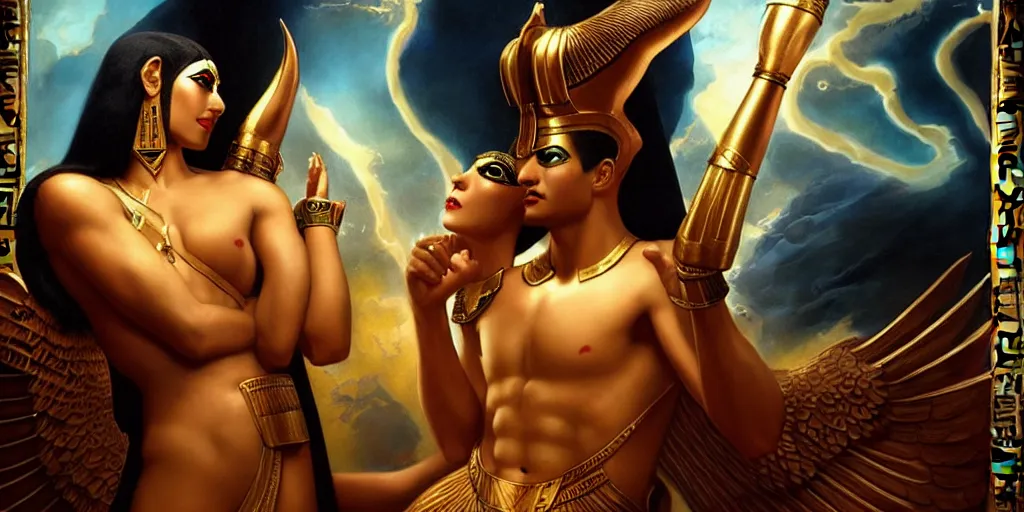 Image similar to Egyptian gods Osiris and Isis, by Rolf Armstrong and Evelyn De Morgan and Bastien Lecouffe-Deharme, dramatic lighting, high contrast colors, baroque, empyrean, panoramic view, as trending on Artstation, highly detailed, doom engine,