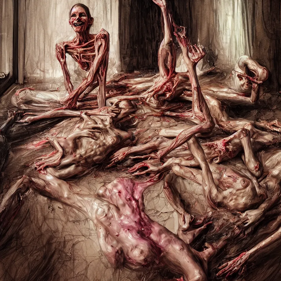 Prompt: bright realistic anorexic cult turning into gods and deamons and smiling franticly, old apartment, rotten flesh, diffuse lighting, fantasy, intricate, elegant, highly detailed, lifelike, photorealistic, digital painting, artstation, illustration, concept art, smooth, sharp focus, art by francis bacon and jenny saville