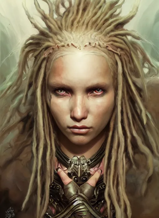 Image similar to fantasy changeling girl with blonde dreadlocks revealing her true nature, evil eyes, dim light, front game card, marvel comics, dark, intricate, highly detailed, smooth, artstation, digital illustration by ruan jia and mandy jurgens and artgerm and wayne barlowe and greg rutkowski and zdislav beksinski