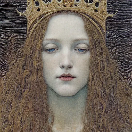 Image similar to detailed realistic beautiful young medieval queen face portrait by jean delville, art nouveau, symbolist, visionary, gothic