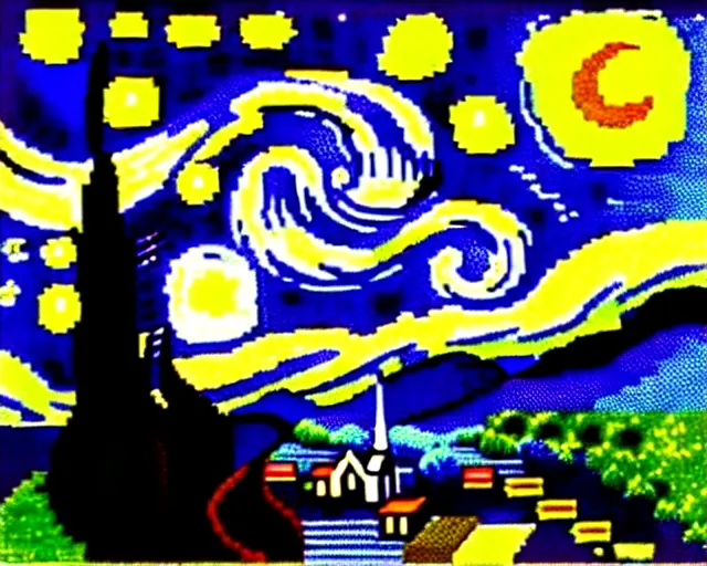 Image similar to Starry Night by van Gogh, re imagined as 8 bit pixel art. Red green and black color scheme