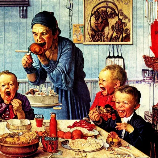 Image similar to hyper realistic hight detailed grandmother with a big mouth eating babies and william blake on the table in the russian kitchen, by norman rockwell, bright colors, 4 k, 1 6 k, 3 2 k, photorealistic, cartoon style