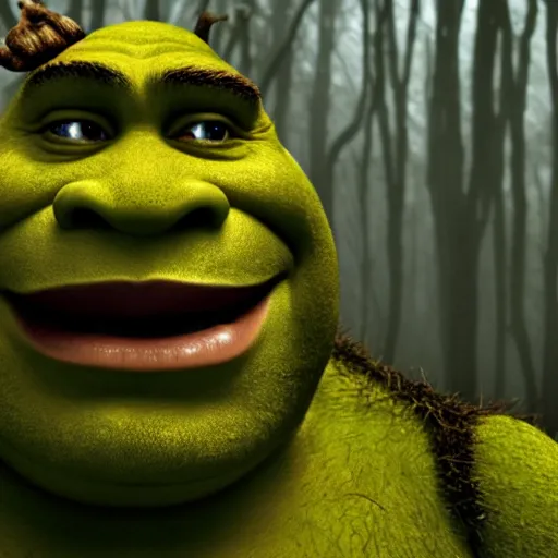 Prompt: closeup potrait of Shrek in a foggy swamp, natural light, sharp, detailed face, magazine, press, photo, Steve McCurry, David Lazar, Canon, Nikon, focus