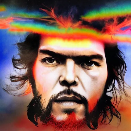 Image similar to colour masterpiece surreal closeup portrait photography of che guevara by miho hirano and annie leibovitz and michael cheval, psychedelic smoke background, 8 k