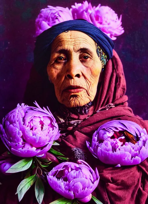 Prompt: many peonies, flower buds, birds on hight detailed background, portrait of a old woman, tuareg, nomads, vultures, dark background, purple colour scheme, full length, masterpiece, dark background, art by giger, guyver, cinestill, moviestill, bokeh, artstation