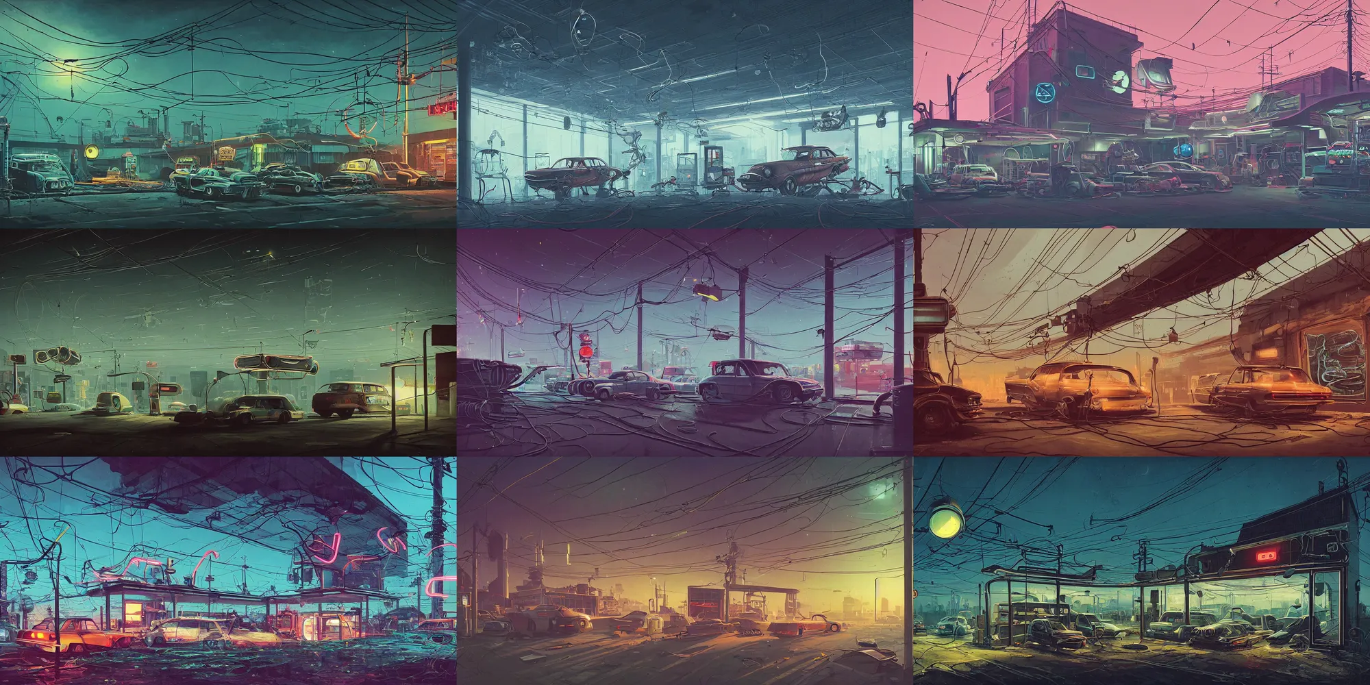 Prompt: car shop, retrofuturism, cluttered, wires everywhere, window, at night, dramatic lighting, alien technology, detailed by simon stalenhag