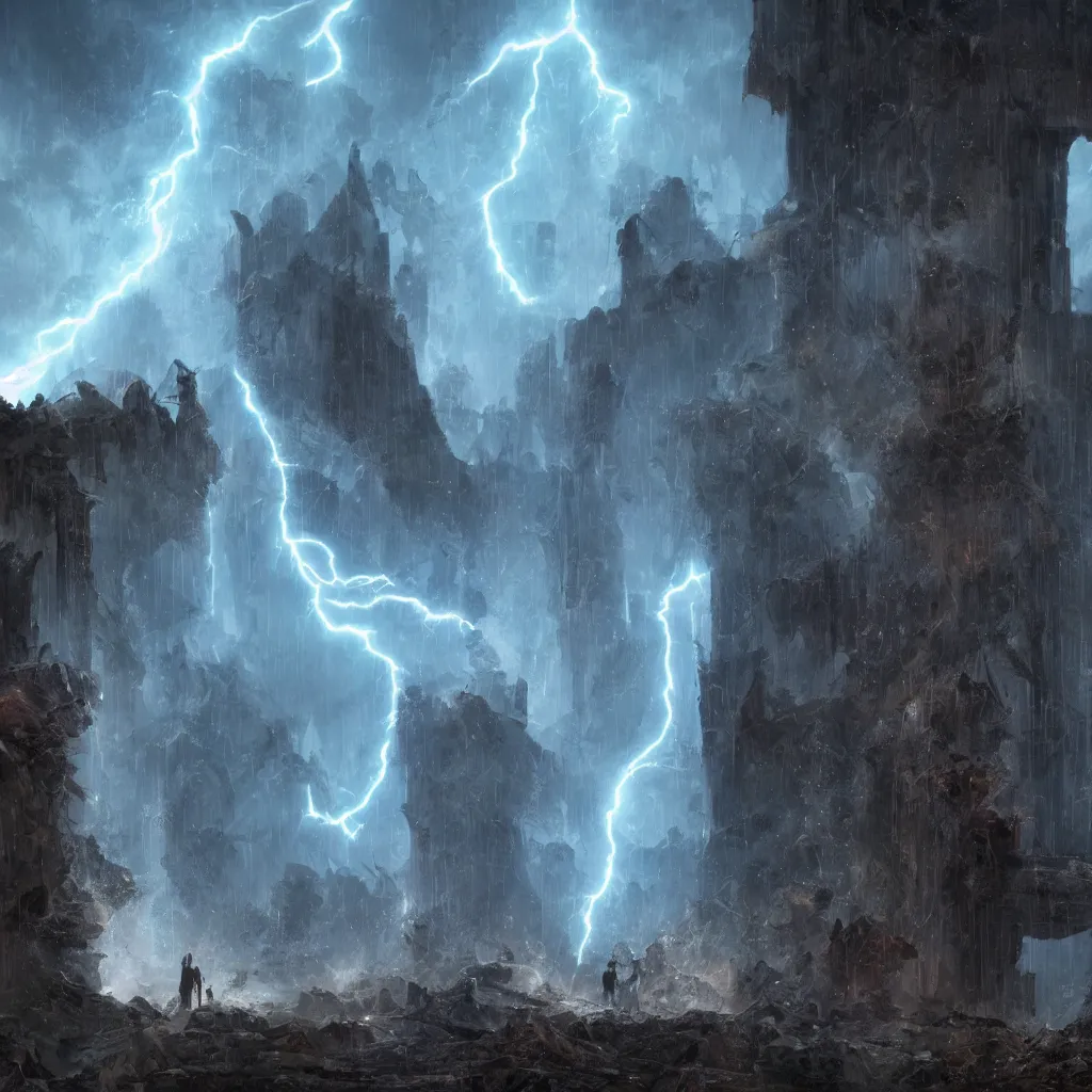 Image similar to a still of a cloaked figure standing in the ruins of crux prime, monastery, there is lightning, blue fiery maelstrom in the distance, it is raining, digital art, artstationhq