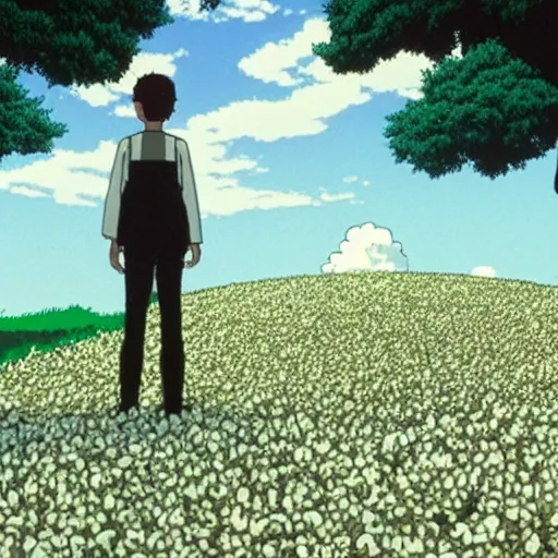 Image similar to man stands on a meadow made of popcorn, studio ghibli