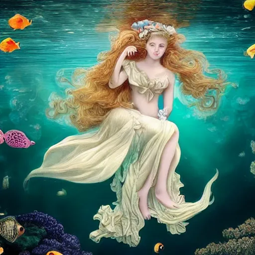Image similar to underwater , a stunning beautiful rococo-era girl with blonde long hair and pale skin, abundant detail, fish , long dress character photography art
