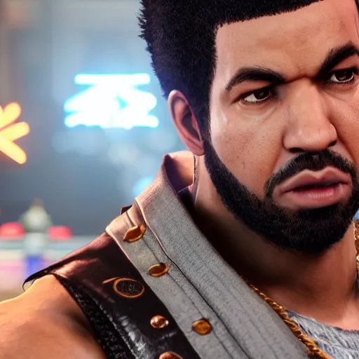 Image similar to a videogame still of Drake in Tekken 7, portrait, 40mm lens, shallow depth of field, close up, split lighting, cinematic